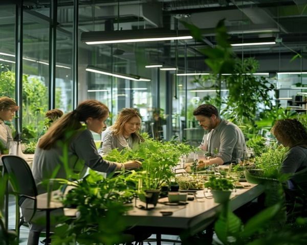害羞草健康科技团队在现代化实验室中认真研究天然植物标本，绿意盎然的工作环境中弥漫着专注与热忱的氛围，体现品牌对植物健康领域的深度投入